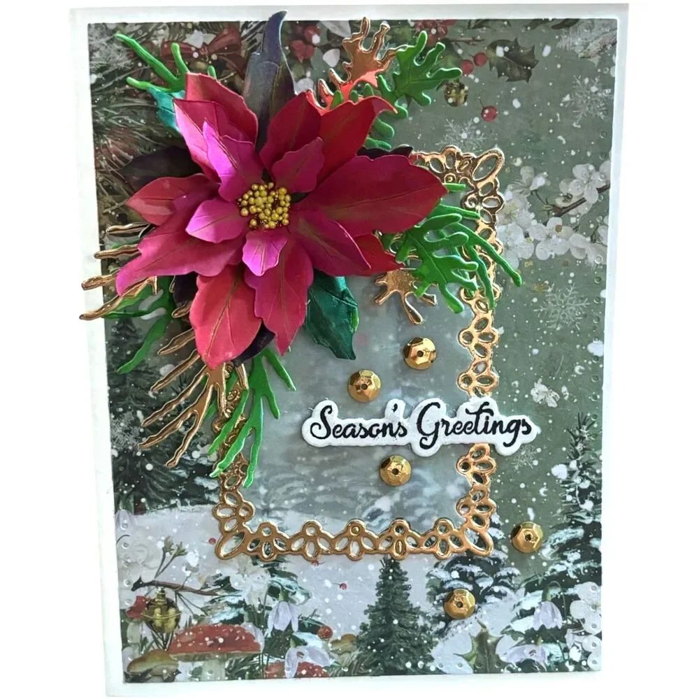 Set of 6 Handmade 3D Christmas Greeting Cards Poinsettia Holiday Paper Art